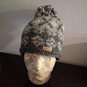 Womens Wool gray, brown, and beige knit beanie with pom pom